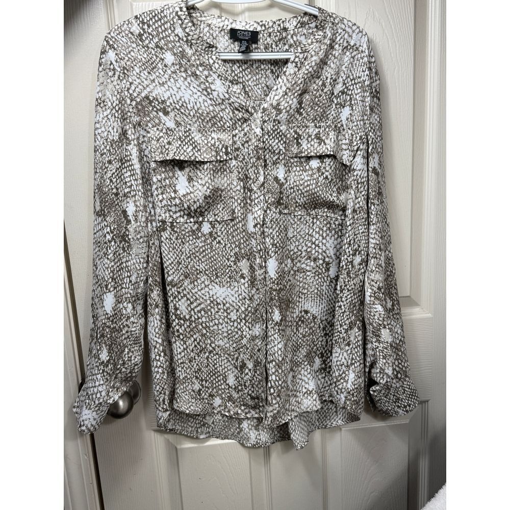 Designer Snake Print Button Down Blouse Long Sleeve Career Office Brown White XL